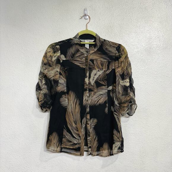 Diane Von Furtensberg Black Palm Print Button Down Blouse Sz 0 - Picture 1 of 9